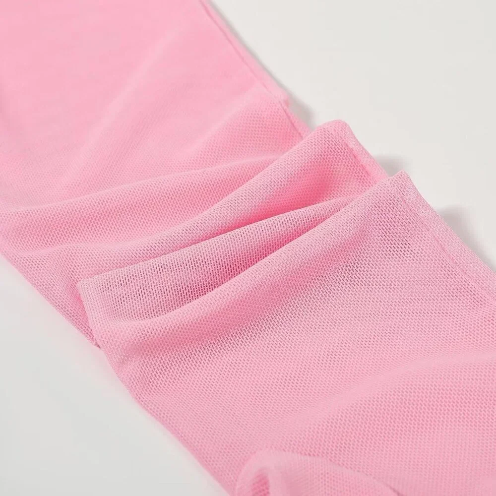 Women's Long Pink Ruffle Puff Cuff Sleeve Mesh Gloves Wedding Party Costume